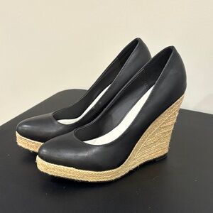 Michael Antonio Black Leather Wedges with Tan Espadrille